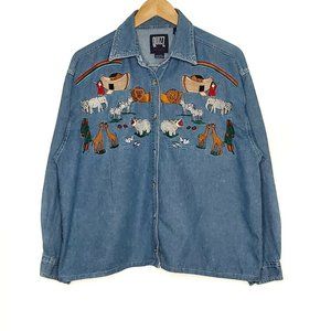 Vintage Quizz Woman Chambray Button Shirt Noah’s Ark Animals